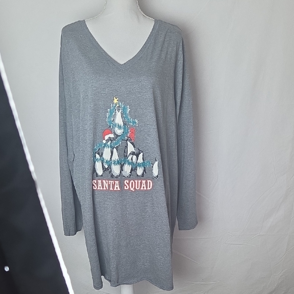 Cacique Gray Santa Squad Penquins Christmas Long Sleeve Night Shirt 26/28